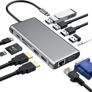 12 in 1 Type C to USB-C USB3.0 HDMI VGA PD Hub Adapter Docking Station for MacBook gray