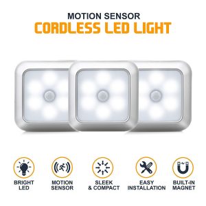 3PCS 6LEDs Cabinet Lamp Square Shape Motion Sensor Night Light for Closet Wardrobe White light