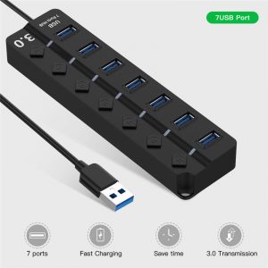 4/7 Port USB 3.0 Hub 5Gbps High Speed On/Off Switches AC Power Adapter for PC 7 ports
