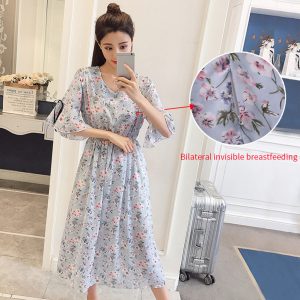 Women Summer Maternity Wear Pregnant Breastfeeding Chiffon Floral Loose Long Dress