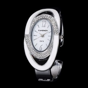 Women Lady Fashion Luxury Quartz Watch All Steel Analog Silver Dial Dress Watch Bracelet Wristwatch Oval white
