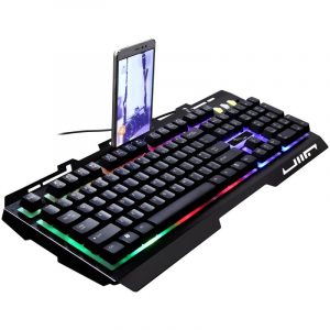 Wired Keyboard Robotic Feel Metal Luminous Backlight Mobile Phone Stand Holder Gaming Black