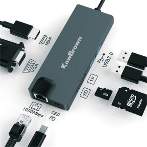 KawBrown 8 in 1 Type C Hub USB C to HDMI VGA USB 3.0 Ports SD/TF Reader RJ45 1000M USB-C Power Delivery for MacBook Pro 3.1 Spli gray