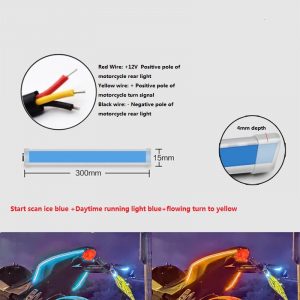 1 Pair Motorcycle Strip Light LED Daytime Running Light Sequential Flow Duotone Ice Blue + Streamer Yellow_30cm
