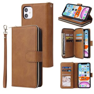 For iphone X/XS/XS MAX/11/11Pro Pu Leather  Mobile Phone Cover Zipper Card Bag + Wrist Strap brown