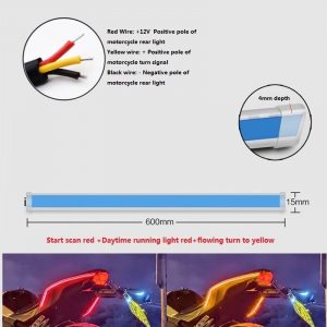 1 Pair Motorcycle Strip Light LED Daytime Running Light Sequential Flow Duotone Red light + streamer yellow_60cm