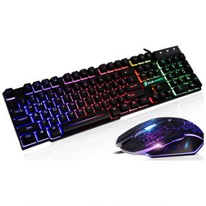 1Set 1Set T6 Rainbow LED Backlit Multimedia Ergonomic USB Wired Gaming Keyboard Wired Mouse and Mouse Pad black
