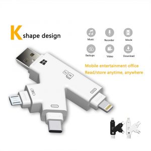 USB 2.0 SD Card Reader 4-in-1 Multi-Function Type-C USB Micro USB Interface K Shape Design for iPhone iPad iPod Touch  white