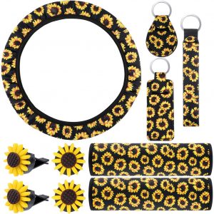 10pcs Sunflower Accessories For Car Steering Wheel Cover Keyring Car Vent Decorations Seat Belt Shoulder Pads Hand Sanitizer Cover