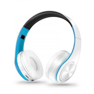 Wireless Headphones Bluetooth Headset Foldable Headphone Adjustable Earphones with Microphone for PC Mobile Phone Mp3 Blue and white