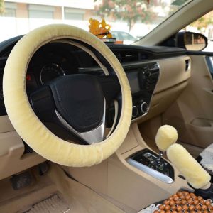 Warm Fur Automotive Steering Wheel Cover Universal Steering-wheel Plush Car Steering Wheel Covers Beige_Steering wheel cover + hand brake cover + gear cover