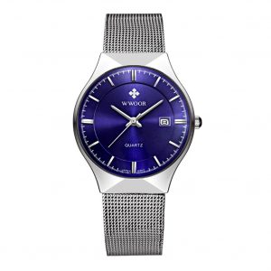 Man Fashionable Stainless Steel Band Calendar Waterproof Quartz Watch White shell blue dial