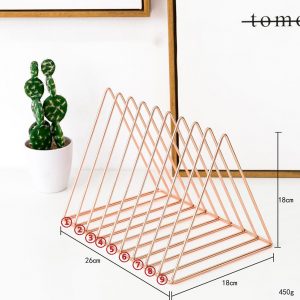 Desktop Iron Bookshelf Simple Magazine Storage Rack Metal Wire Book Stand Triangle-rose gold
