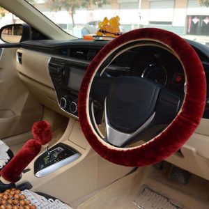 Warm Fur Automotive Steering Wheel Cover Universal Steering-wheel Plush Car Steering Wheel Covers Wine red_Steering wheel cover + hand brake cover + gear cover