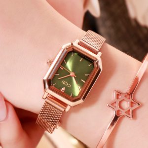 Women's Bling Starry Dial Analog Waterproof Quartz Wrist Watches for Student Casual Office  Rose gold shell light green plate