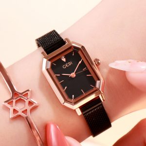 Women's Bling Starry Dial Analog Waterproof Quartz Wrist Watches for Student Casual Office  Black belt rose gold shell black plate