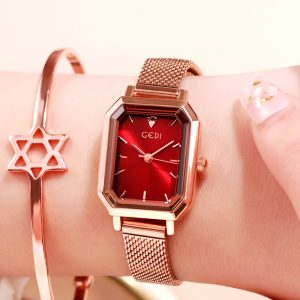 Women's Bling Starry Dial Analog Waterproof Quartz Wrist Watches for Student Casual Office  Rose gold shell red plate