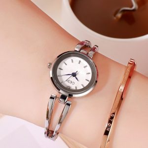 Women Stainless Steel Waterproof Bracelet Watch with Spiral Case for Casual Office  Silver shell white dial