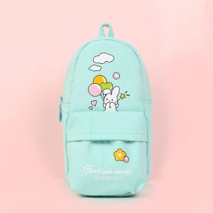Canvas Pencil Case Large Capacity Zipper Pencil Bag School Stationery white rabbit with green balloon