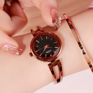Women Stainless Steel Waterproof Bracelet Watch with Spiral Case for Casual Office  Coffee color shell black dial