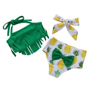 Kids Pineapple Printing Swim Suit Girls Cartoon Tassels Top +Shorts+Headband Green XH1398BK_80cm