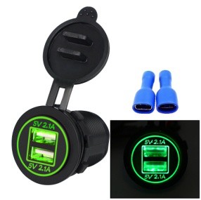 High Quality Waterproof Dual USB Aperture 4.2A 12V-24V Car Charger with Light Indicator green