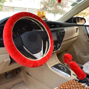 Warm Fur Automotive Steering Wheel Cover Universal Steering-wheel Plush Car Steering Wheel Covers Red_Steering wheel cover + hand brake cover + gear cover