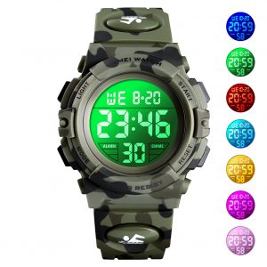 SKMEI Kid Digital Sports Watch Colorful LED Date Week EL Light Waterproof Alarm Camouflage Wristwatch Army Green
