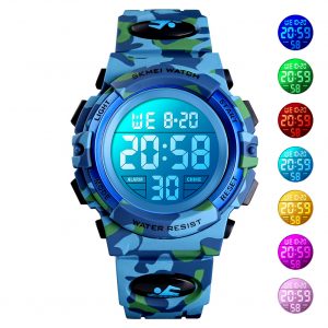 SKMEI Kid Digital Sports Watch Colorful LED Date Week EL Light Waterproof Alarm Camouflage Wristwatch Light blue