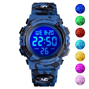 SKMEI Kid Digital Sports Watch Colorful LED Date Week EL Light Waterproof Alarm Camouflage Wristwatch Dark blue