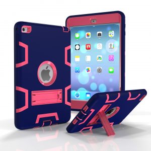For IPAD MINI 4 PC+ Silicone Hit Color Armor Case Tri-proof Shockproof Dustproof Anti-fall Protective Cover  Navy + Rose red