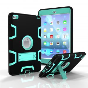 For IPAD MINI 4 PC+ Silicone Hit Color Armor Case Tri-proof Shockproof Dustproof Anti-fall Protective Cover  Black + mint green