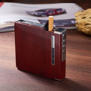 Aluminum Metal Automatic Cigarette Case Box with USB Rechargeable Windproof Lighters Can Hold 20 Cigarettes Red wood grain