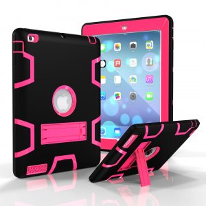 For iPad 2/3/4 PC+ Silicone Hit Color Armor Case Tri-proof Shockproof Dustproof Anti-fall Protective Cover  Black + rose red