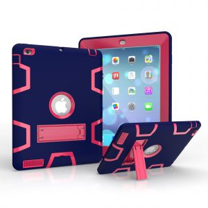 For iPad 2/3/4 PC+ Silicone Hit Color Armor Case Tri-proof Shockproof Dustproof Anti-fall Protective Cover  Navy + Rose red