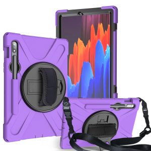 For Samsung Tab S7 T870 /Tab S7 Plus T970/T975 Protective Cover with Pen Slot Anti-fall Belt Holder + Wristband + Straps purple_Samsung Tab S7 T870 (2020)