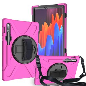 For Samsung Tab S7 T870 /Tab S7 Plus T970/T975 Protective Cover with Pen Slot Anti-fall Belt Holder + Wristband + Straps Rose red_Samsung Tab S7 T870 (2020)