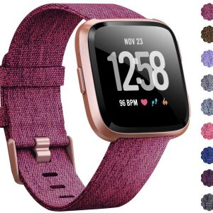 Woven Watch Band Compatible with Fitbit Versa/Fitbit Versa 2/Fitbit Versa Lite Edition Breathable Fabric Strap for Men Women Smartwatch rose red