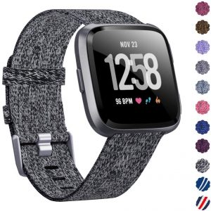 Woven Watch Band Compatible with Fitbit Versa/Fitbit Versa 2/Fitbit Versa Lite Edition Breathable Fabric Strap for Men Women Smartwatch Carbon black