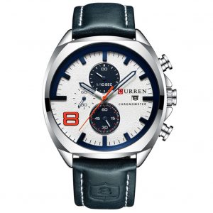 Men Business Quartz Watch Chronograph Date Display Genuine Leather Strap Waterproof Wristwatch Blue