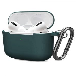 Soft Silicone Case for Airpods Pro Shockproof Hook Protective Bags With Keychain Earbuds Cover Dark green