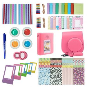 Camera Accessories Compatible with Instax Mini 9 or Mini 8 8+ Include Case/Album/Selfie Lens/Filters/Wall Hang Frames/Film Frames/Border Stickers/Corner Stickers Fire pink