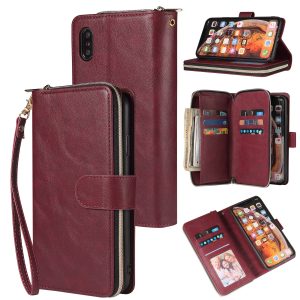 For iphone X/XS/XS MAX/11/11Pro Pu Leather  Mobile Phone Cover Zipper Card Bag + Wrist Strap Red wine