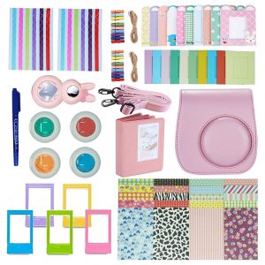 Camera Accessories Compatible with Instax Mini 9 or Mini 8 8+ Include Case/Album/Selfie Lens/Filters/Wall Hang Frames/Film Frames/Border Stickers/Corner Stickers Pink