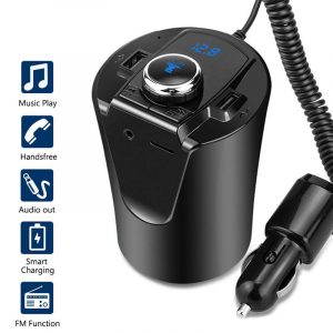 Car Bluetooth FM Transmitter Music Player Cup Holder Hands Free Calling Support U Disk TF Card Dual USB Port Charger Adapter black